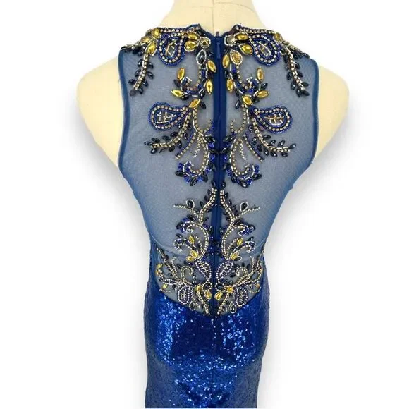 Camille La Vie Royal Blue Sequin Maxi Formal Gown Beaded Nude Illusion 4 Prom - Picture 3 of 5